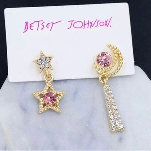 Asymmetric Betsey Johnson style pink star moon earrings